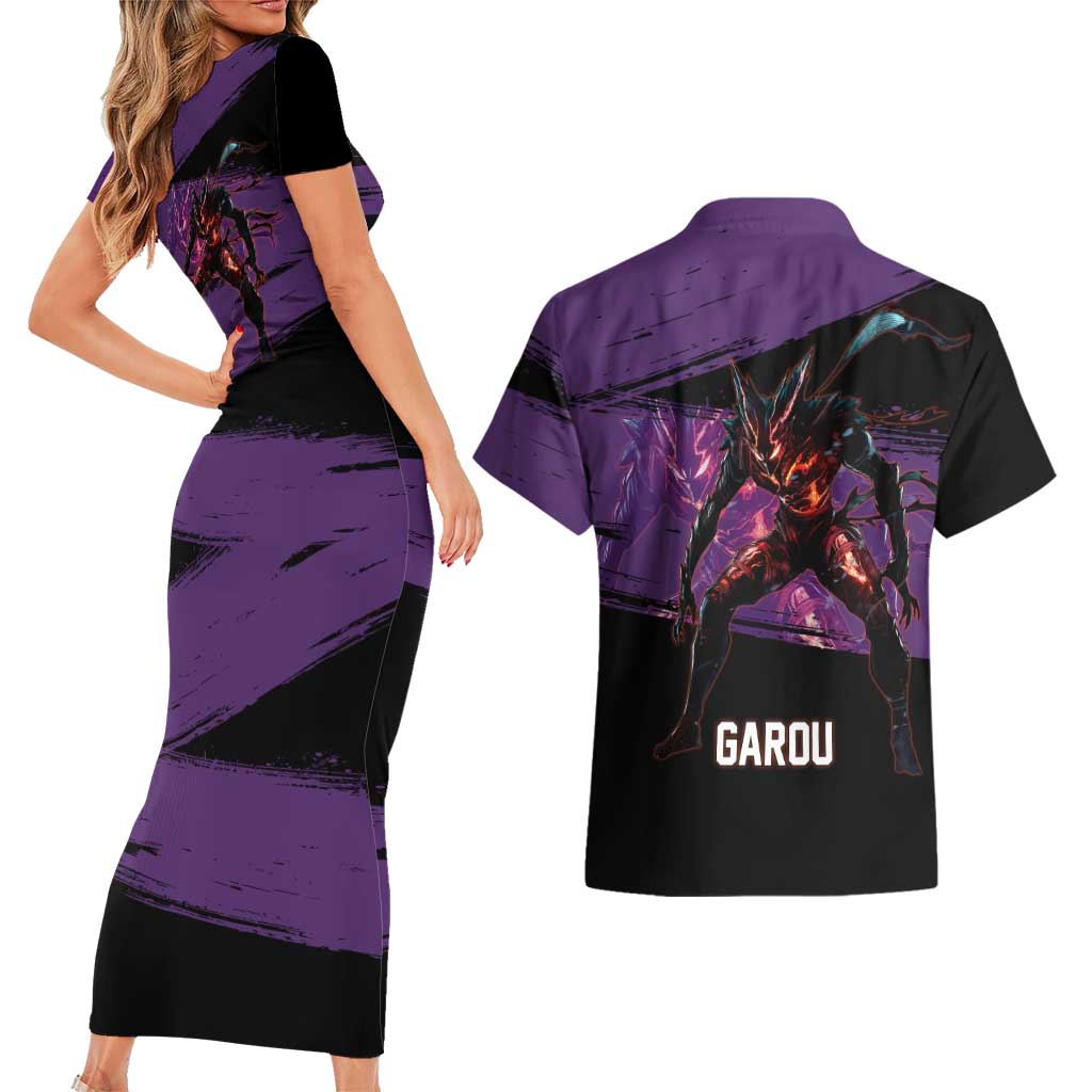 Garou One Punch Man Anime Purple and Black Theme Couples Matching Short Sleeve Bodycon Dress and Hawaiian Shirt with Hero and Monster Forms in Dynamic Battle Pose - The Mazicc