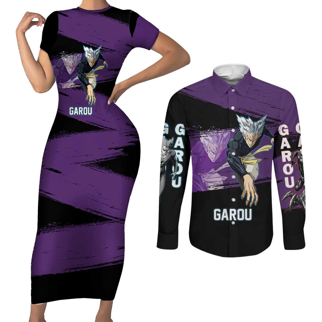 Garou One Punch Man Anime Purple and Black Theme Couples Matching Short Sleeve Bodycon Dress and Long Sleeve Button Shirt with Hero and Monster Forms in Dynamic Battle Pose - The Mazicc
