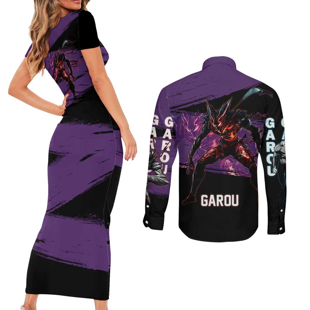 Garou One Punch Man Anime Purple and Black Theme Couples Matching Short Sleeve Bodycon Dress and Long Sleeve Button Shirt with Hero and Monster Forms in Dynamic Battle Pose - The Mazicc