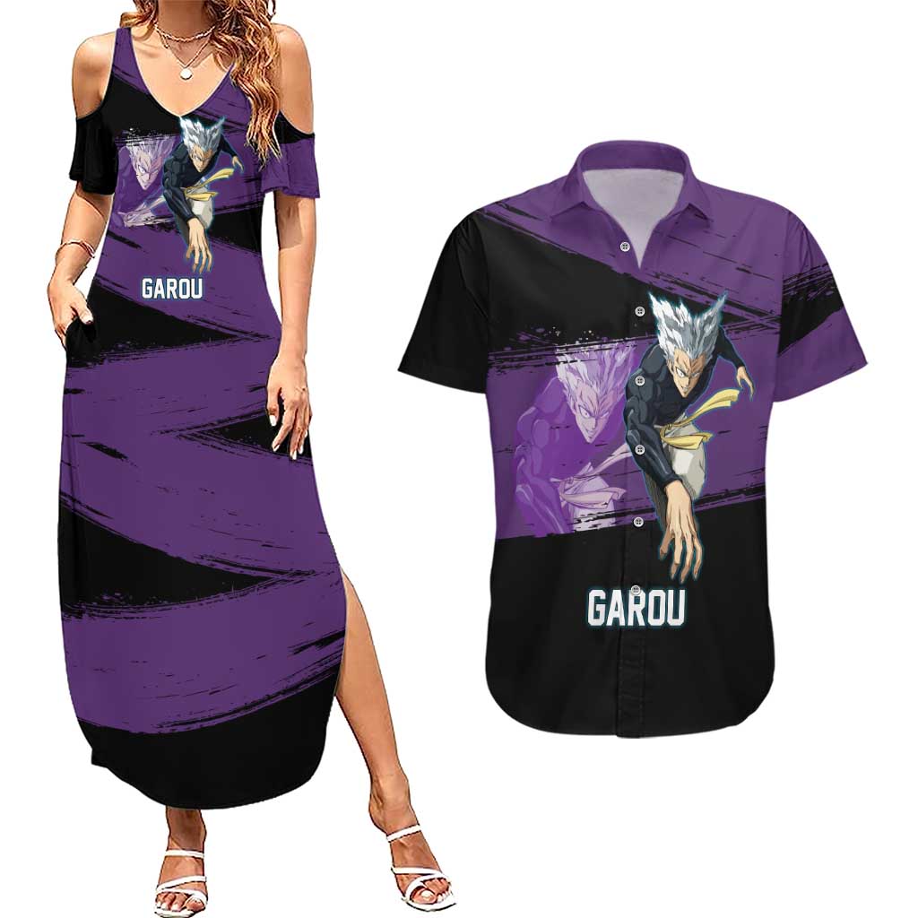 Garou One Punch Man Anime Purple and Black Theme Couples Matching Summer Maxi Dress and Hawaiian Shirt with Hero and Monster Forms in Dynamic Battle Pose - The Mazicc