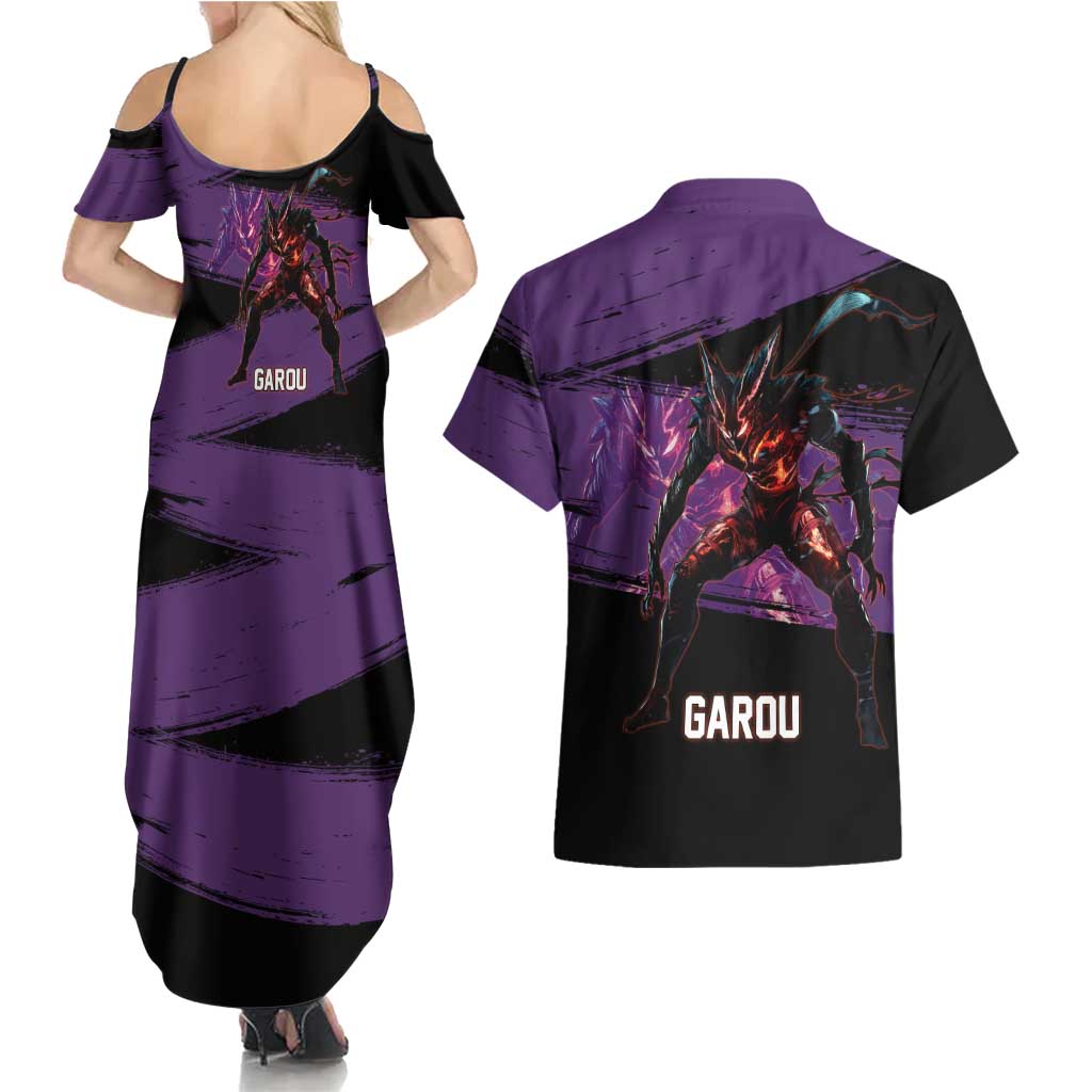 Garou One Punch Man Anime Purple and Black Theme Couples Matching Summer Maxi Dress and Hawaiian Shirt with Hero and Monster Forms in Dynamic Battle Pose - The Mazicc