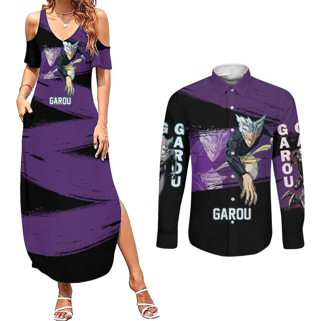 Garou One Punch Man Anime Purple and Black Theme Couples Matching Summer Maxi Dress and Long Sleeve Button Shirt with Hero and Monster Forms in Dynamic Battle Pose - The Mazicc