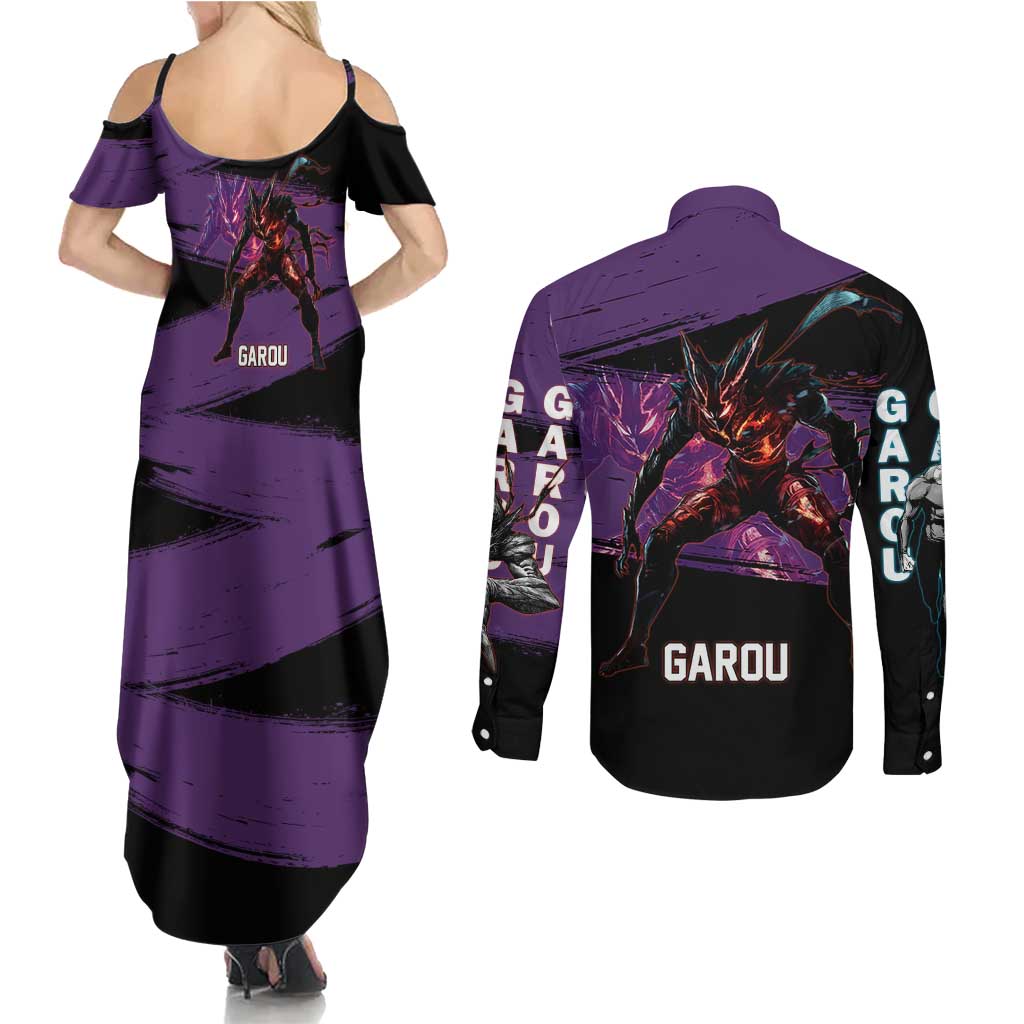 Garou One Punch Man Anime Purple and Black Theme Couples Matching Summer Maxi Dress and Long Sleeve Button Shirt with Hero and Monster Forms in Dynamic Battle Pose - The Mazicc