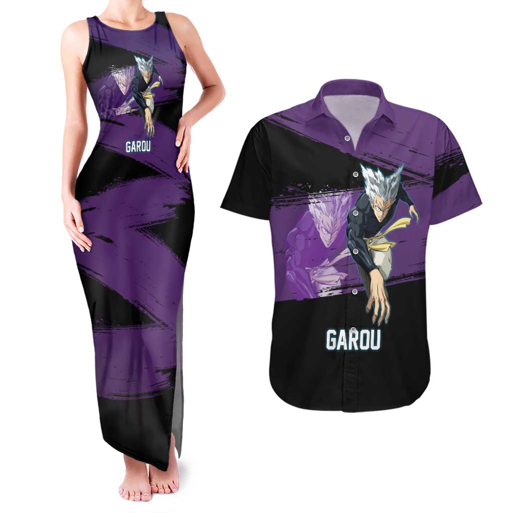 Garou One Punch Man Anime Purple and Black Theme Couples Matching Tank Maxi Dress and Hawaiian Shirt with Hero and Monster Forms in Dynamic Battle Pose - The Mazicc