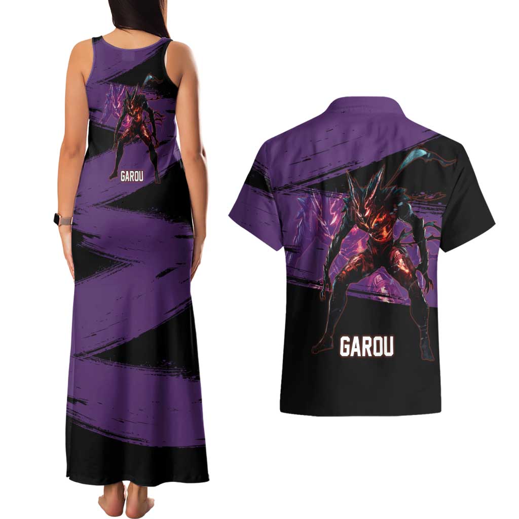 Garou One Punch Man Anime Purple and Black Theme Couples Matching Tank Maxi Dress and Hawaiian Shirt with Hero and Monster Forms in Dynamic Battle Pose - The Mazicc