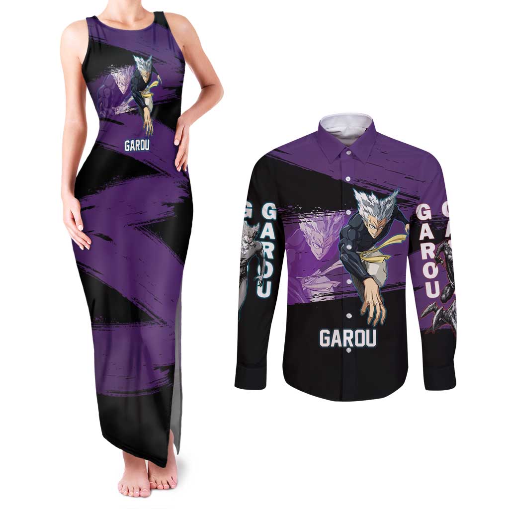 Garou One Punch Man Anime Purple and Black Theme Couples Matching Tank Maxi Dress and Long Sleeve Button Shirt with Hero and Monster Forms in Dynamic Battle Pose - The Mazicc