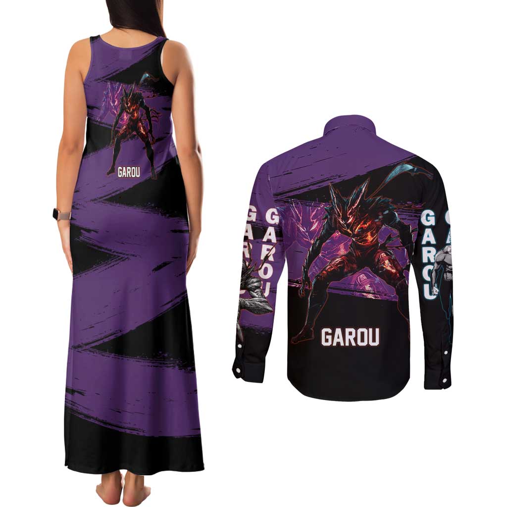 Garou One Punch Man Anime Purple and Black Theme Couples Matching Tank Maxi Dress and Long Sleeve Button Shirt with Hero and Monster Forms in Dynamic Battle Pose - The Mazicc