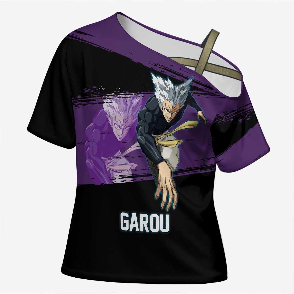 Garou One Punch Man Anime Purple and Black Theme Cross Shoulder Shirt with Hero and Monster Forms in Dynamic Battle Pose - The Mazicc