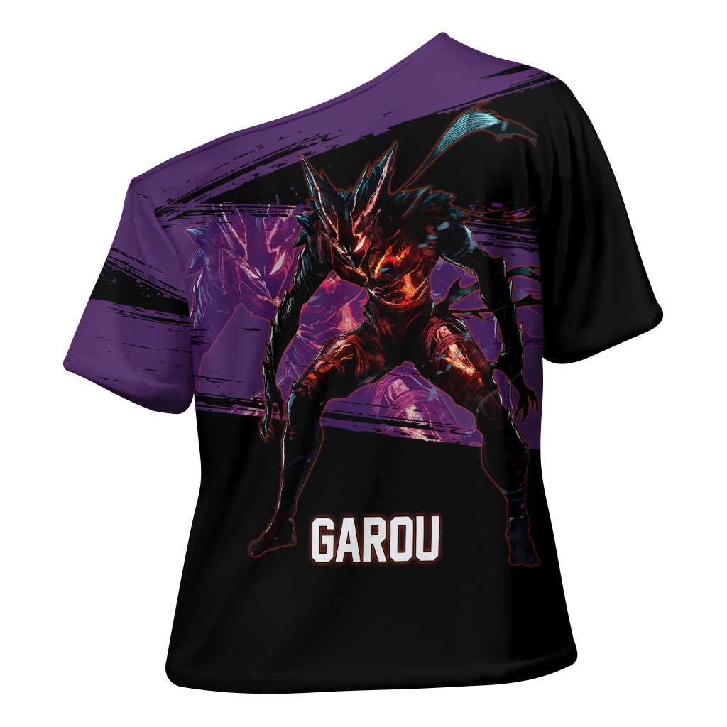 Garou One Punch Man Anime Purple and Black Theme Cross Shoulder Shirt with Hero and Monster Forms in Dynamic Battle Pose - The Mazicc