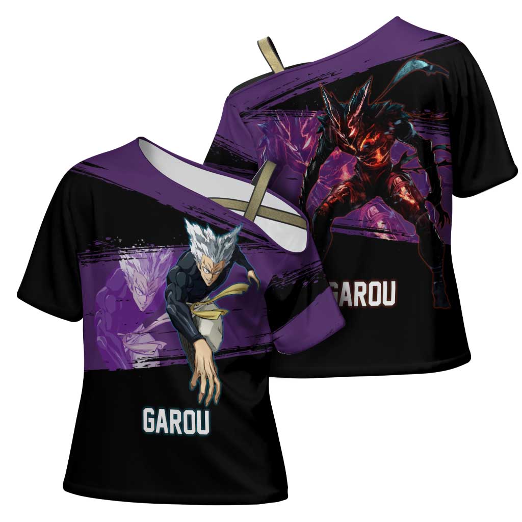 Garou One Punch Man Anime Purple and Black Theme Cross Shoulder Shirt with Hero and Monster Forms in Dynamic Battle Pose - The Mazicc