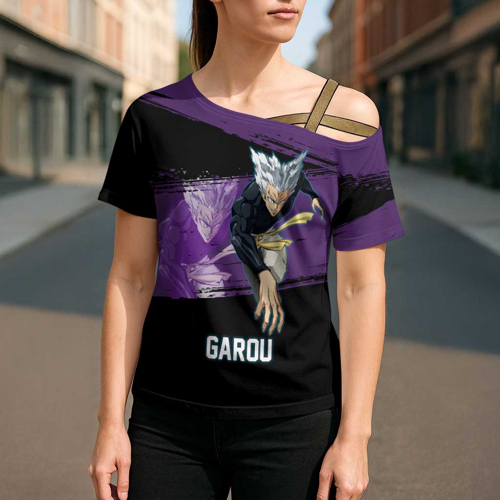 Garou One Punch Man Anime Purple and Black Theme Cross Shoulder Shirt with Hero and Monster Forms in Dynamic Battle Pose - The Mazicc