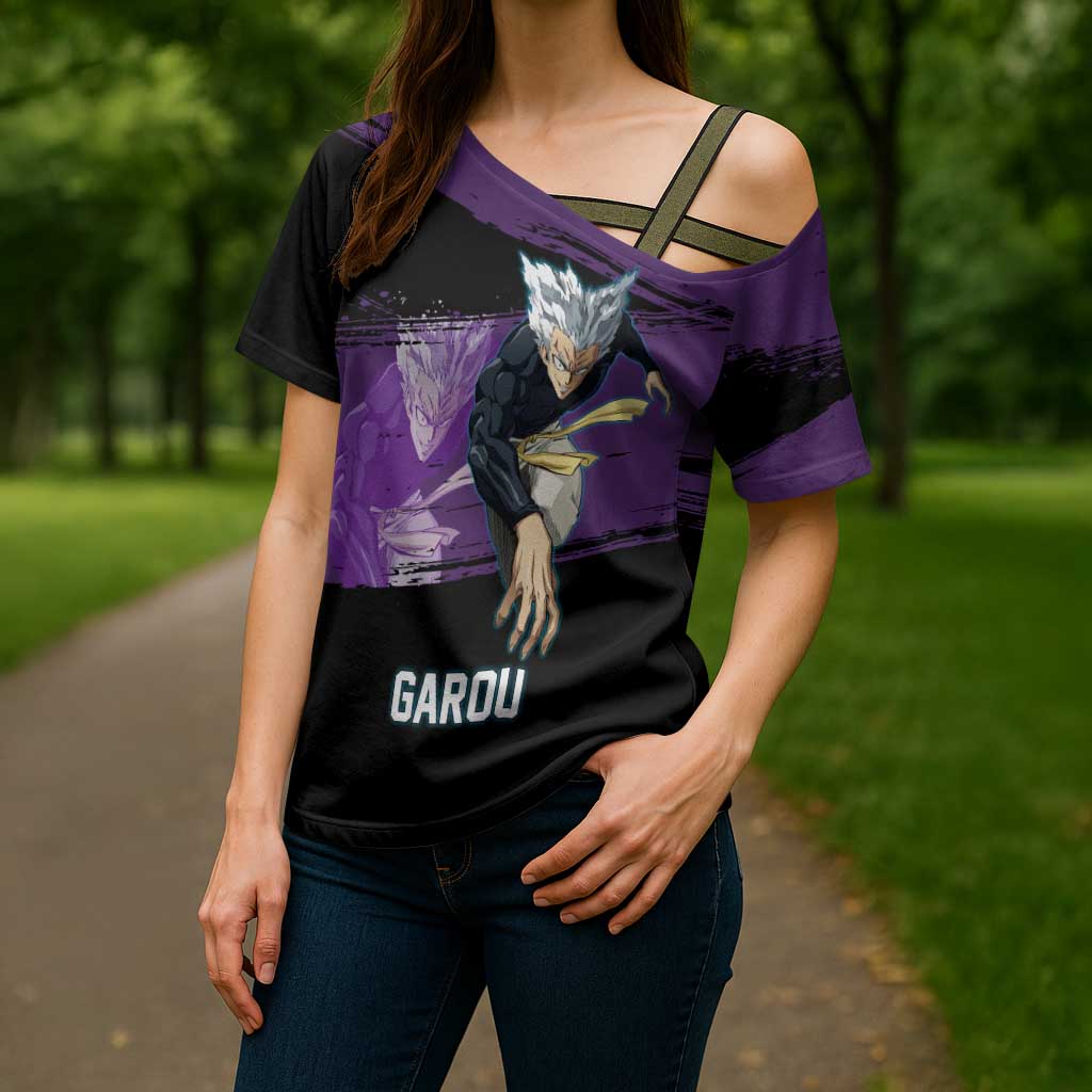 Garou One Punch Man Anime Purple and Black Theme Cross Shoulder Shirt with Hero and Monster Forms in Dynamic Battle Pose - The Mazicc