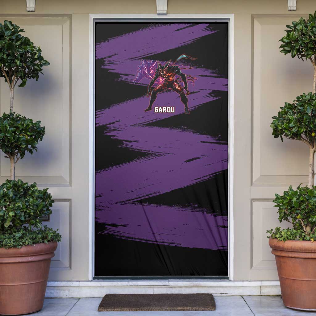 Garou One Punch Man Anime Purple and Black Theme Door Cover with Hero and Monster Forms in Dynamic Battle Pose - The Mazicc