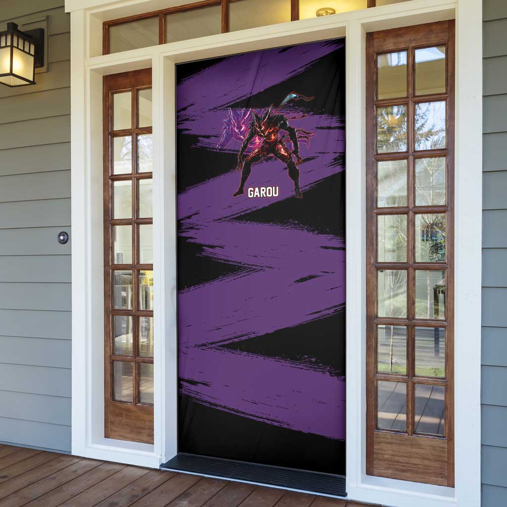 Garou One Punch Man Anime Purple and Black Theme Door Cover with Hero and Monster Forms in Dynamic Battle Pose - The Mazicc