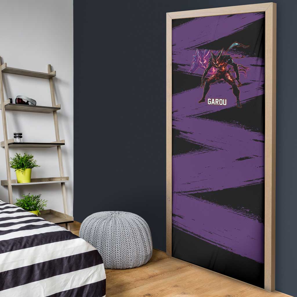 Garou One Punch Man Anime Purple and Black Theme Door Cover with Hero and Monster Forms in Dynamic Battle Pose - The Mazicc