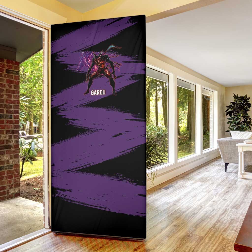 Garou One Punch Man Anime Purple and Black Theme Door Cover with Hero and Monster Forms in Dynamic Battle Pose - The Mazicc