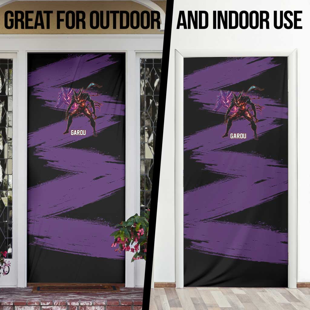 Garou One Punch Man Anime Purple and Black Theme Door Cover with Hero and Monster Forms in Dynamic Battle Pose - The Mazicc