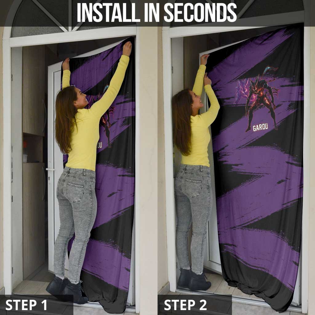 Garou One Punch Man Anime Purple and Black Theme Door Cover with Hero and Monster Forms in Dynamic Battle Pose - The Mazicc