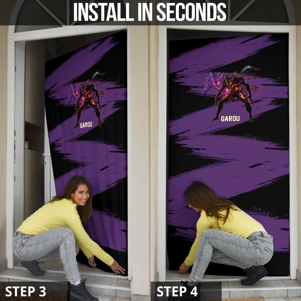 Garou One Punch Man Anime Purple and Black Theme Door Cover with Hero and Monster Forms in Dynamic Battle Pose - The Mazicc