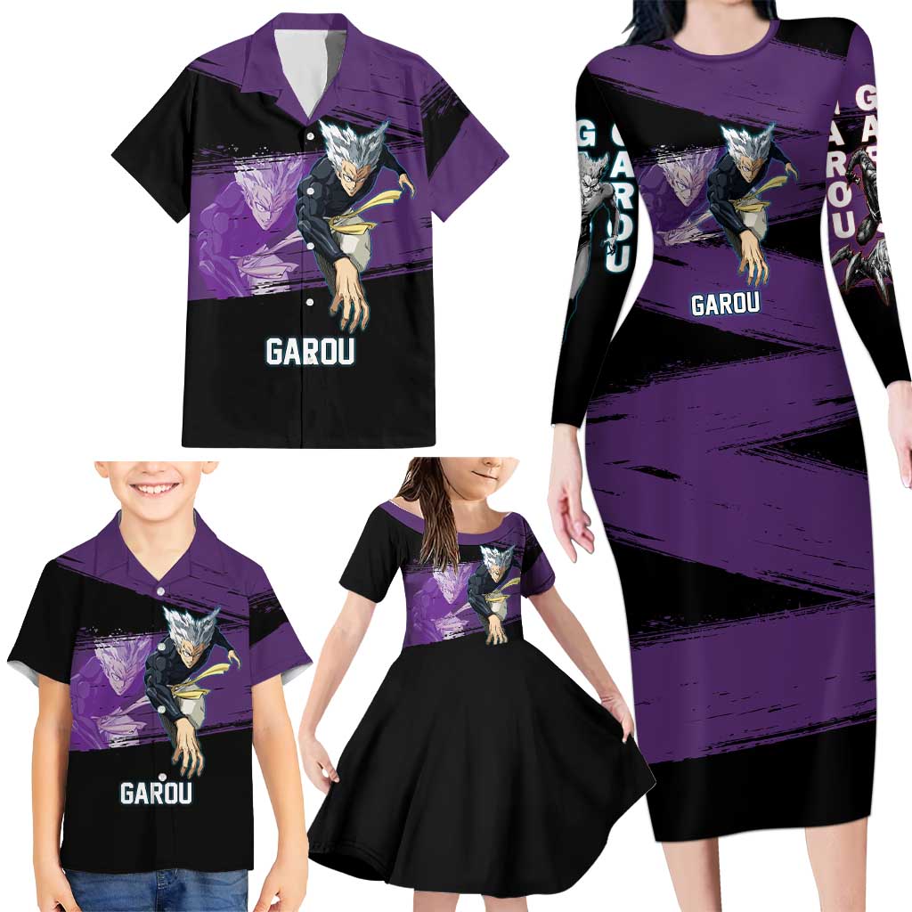 Garou One Punch Man Anime Purple and Black Theme Family Matching Long Sleeve Bodycon Dress and Hawaiian Shirt with Hero and Monster Forms in Dynamic Battle Pose