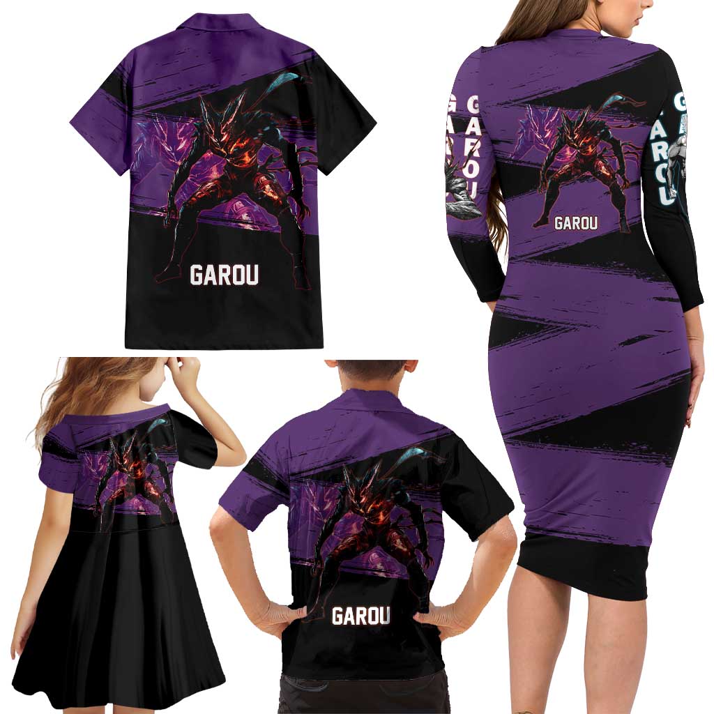 Garou One Punch Man Anime Purple and Black Theme Family Matching Long Sleeve Bodycon Dress and Hawaiian Shirt with Hero and Monster Forms in Dynamic Battle Pose