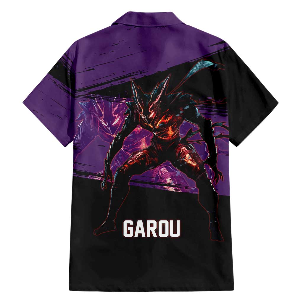 Garou One Punch Man Anime Purple and Black Theme Family Matching Long Sleeve Bodycon Dress and Hawaiian Shirt with Hero and Monster Forms in Dynamic Battle Pose