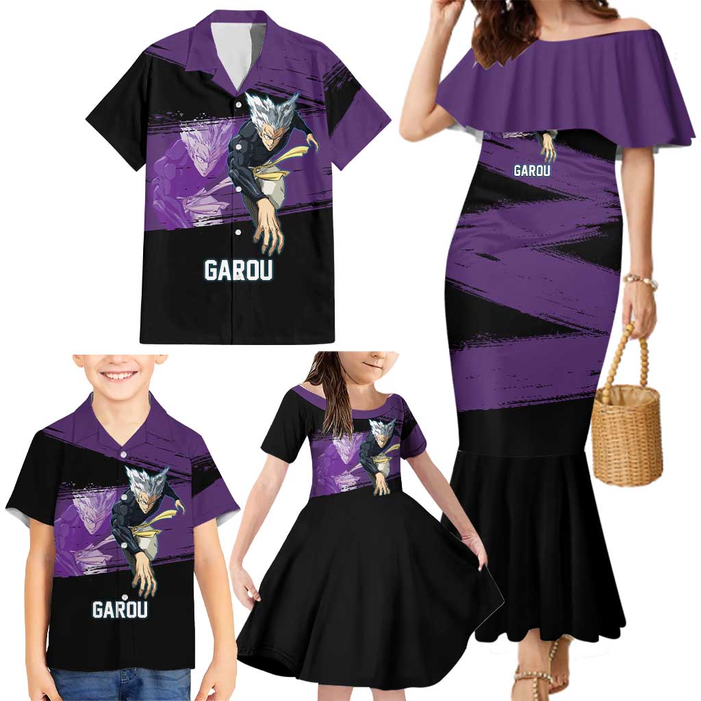 Garou One Punch Man Anime Purple and Black Theme Family Matching Mermaid Dress and Hawaiian Shirt with Hero and Monster Forms in Dynamic Battle Pose