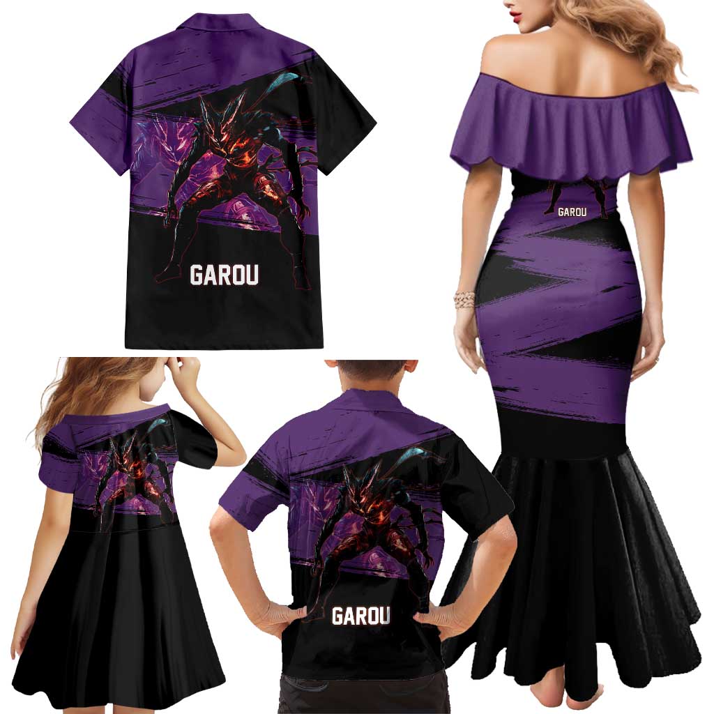 Garou One Punch Man Anime Purple and Black Theme Family Matching Mermaid Dress and Hawaiian Shirt with Hero and Monster Forms in Dynamic Battle Pose