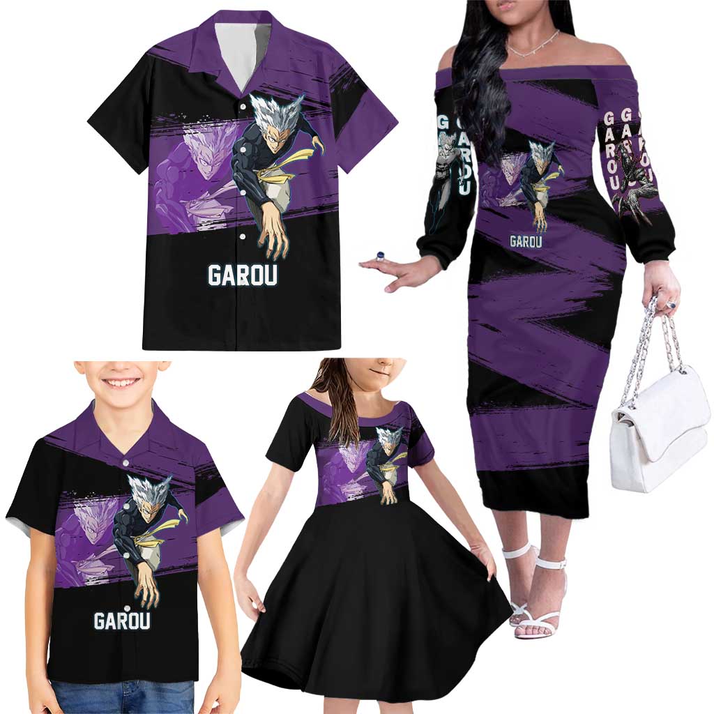 Garou One Punch Man Anime Purple and Black Theme Family Matching Off The Shoulder Long Sleeve Dress and Hawaiian Shirt with Hero and Monster Forms in Dynamic Battle Pose