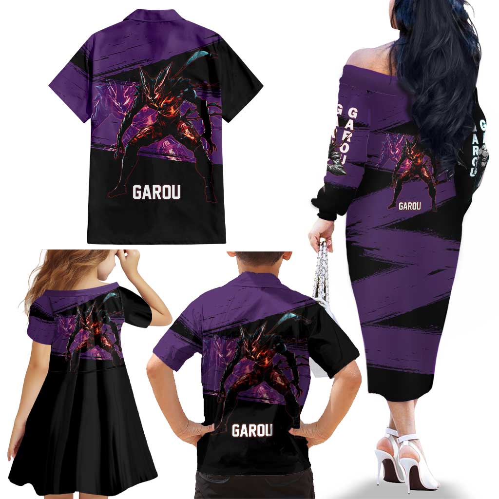 Garou One Punch Man Anime Purple and Black Theme Family Matching Off The Shoulder Long Sleeve Dress and Hawaiian Shirt with Hero and Monster Forms in Dynamic Battle Pose