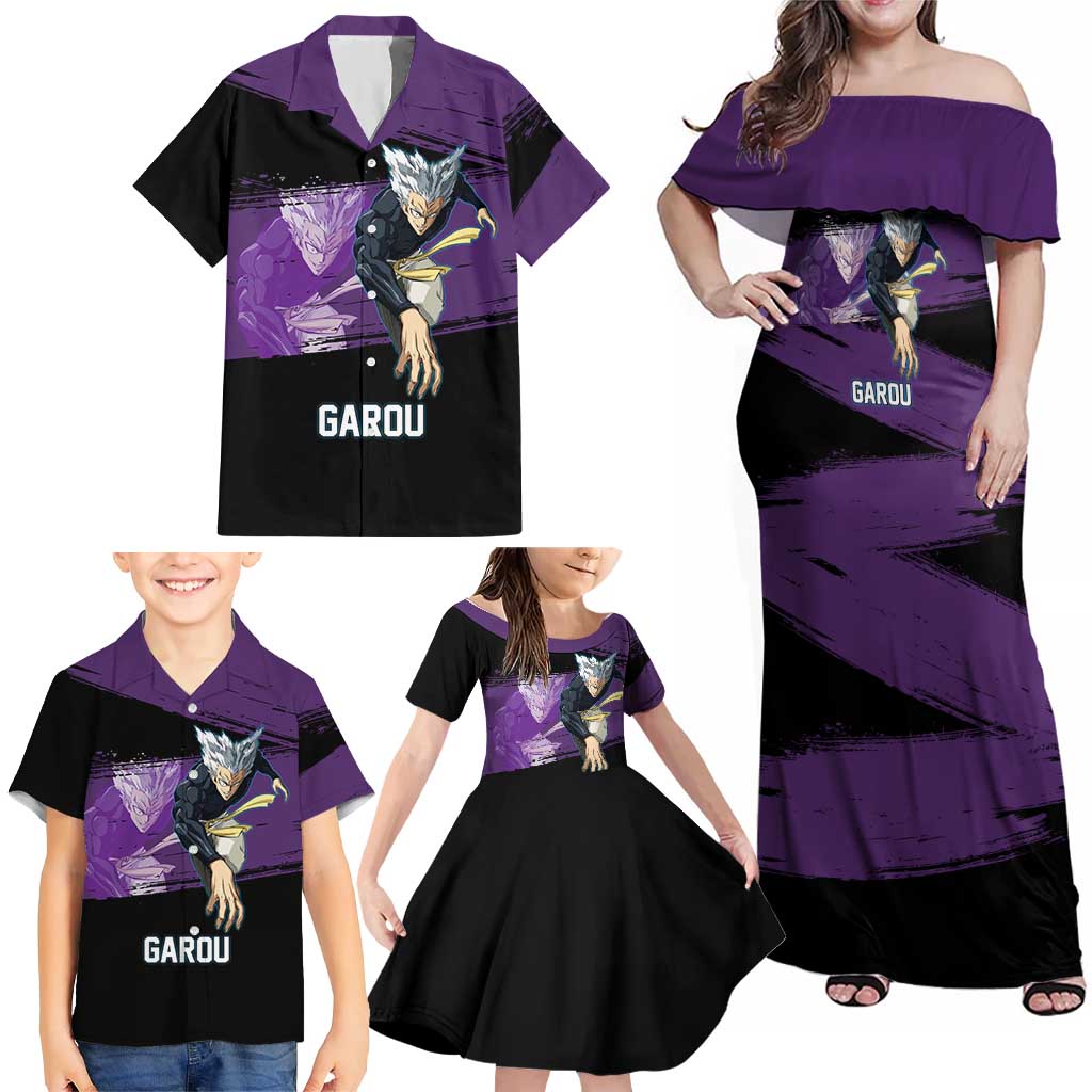 Garou One Punch Man Anime Purple and Black Theme Family Matching Off Shoulder Maxi Dress and Hawaiian Shirt with Hero and Monster Forms in Dynamic Battle Pose