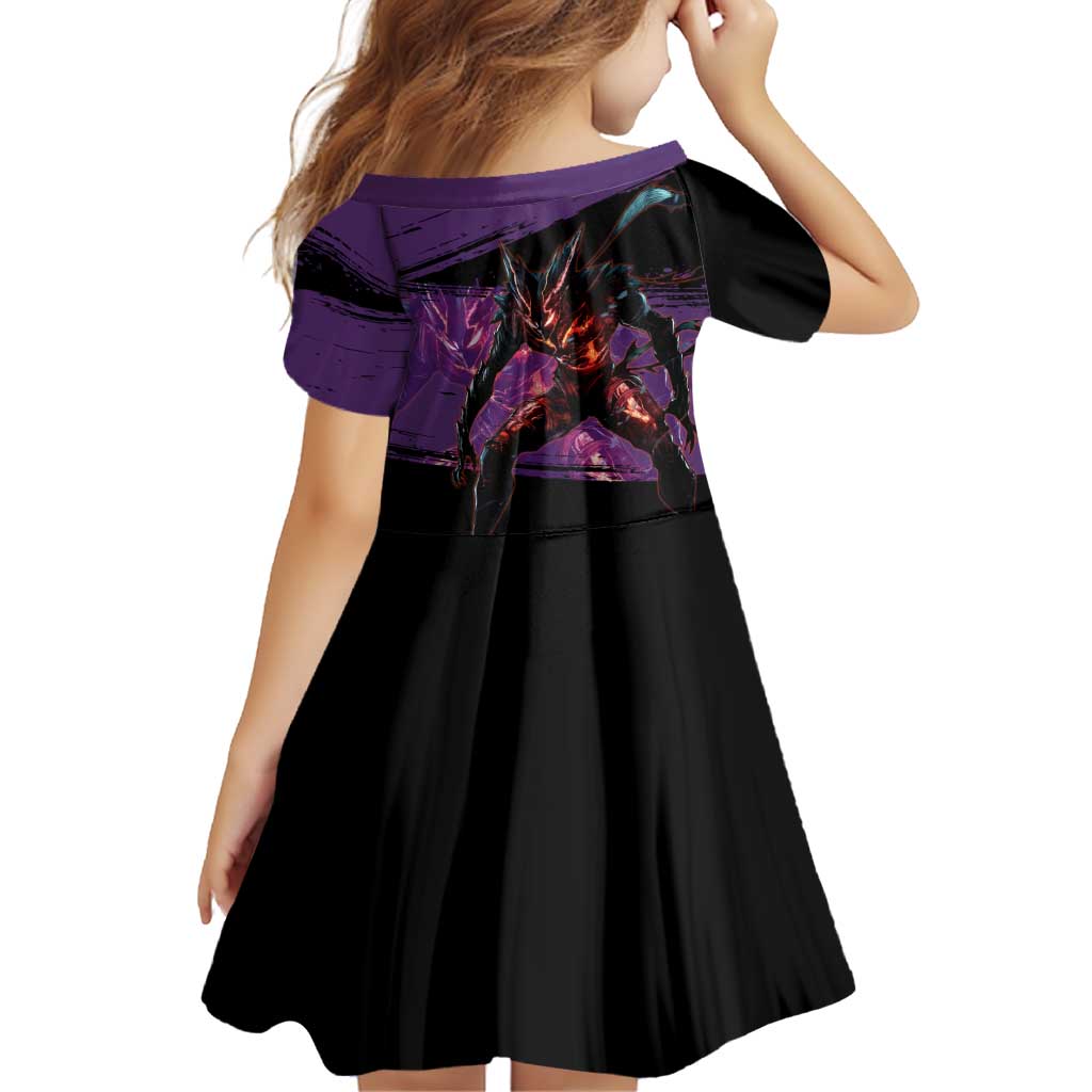 Garou One Punch Man Anime Purple and Black Theme Family Matching Off Shoulder Maxi Dress and Hawaiian Shirt with Hero and Monster Forms in Dynamic Battle Pose