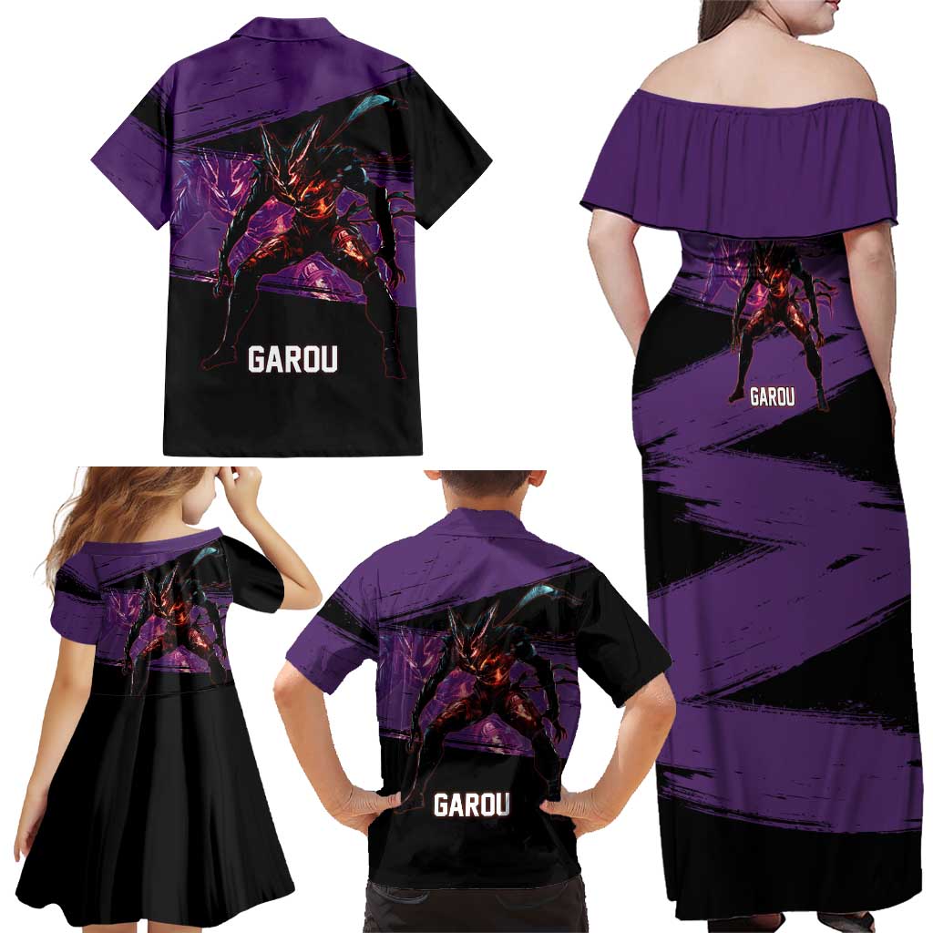 Garou One Punch Man Anime Purple and Black Theme Family Matching Off Shoulder Maxi Dress and Hawaiian Shirt with Hero and Monster Forms in Dynamic Battle Pose