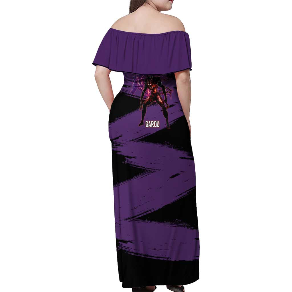 Garou One Punch Man Anime Purple and Black Theme Family Matching Off Shoulder Maxi Dress and Hawaiian Shirt with Hero and Monster Forms in Dynamic Battle Pose