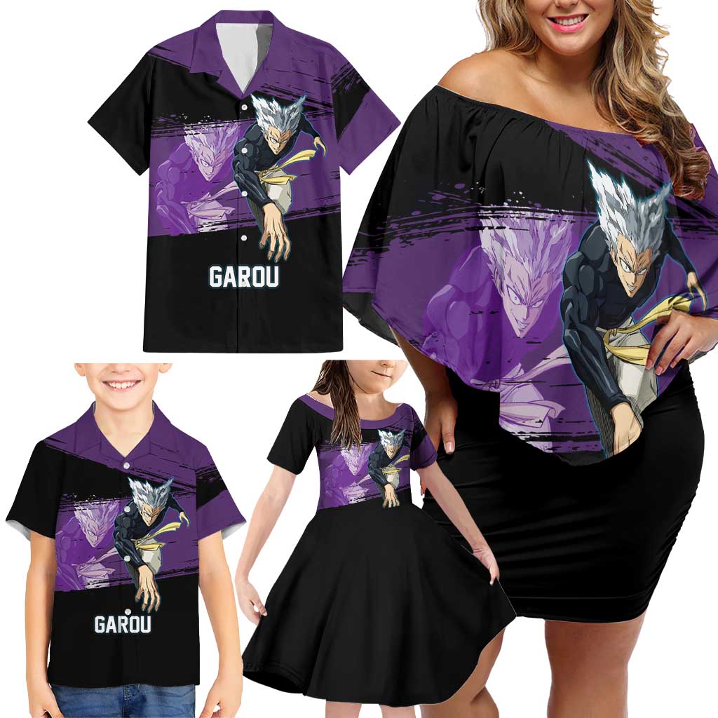 Garou One Punch Man Anime Purple and Black Theme Family Matching Off Shoulder Short Dress and Hawaiian Shirt with Hero and Monster Forms in Dynamic Battle Pose