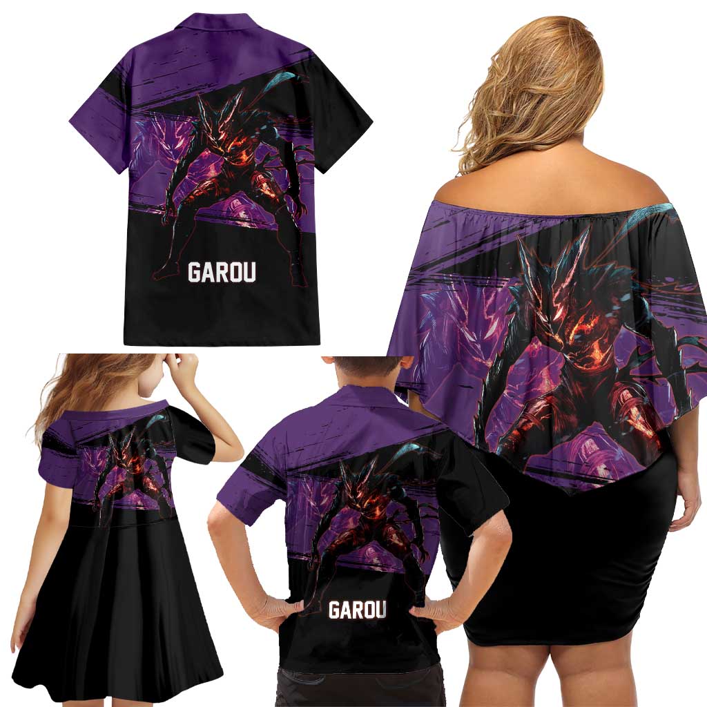 Garou One Punch Man Anime Purple and Black Theme Family Matching Off Shoulder Short Dress and Hawaiian Shirt with Hero and Monster Forms in Dynamic Battle Pose