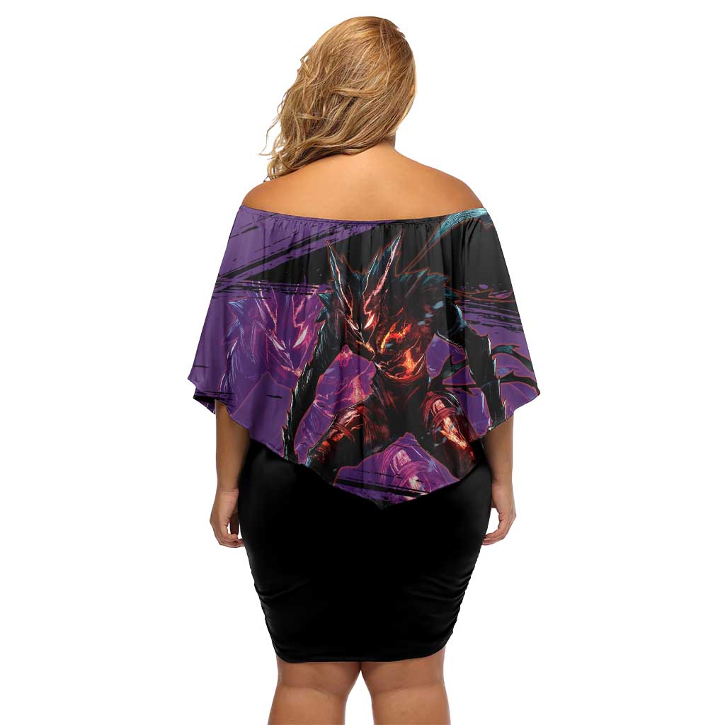 Garou One Punch Man Anime Purple and Black Theme Family Matching Off Shoulder Short Dress and Hawaiian Shirt with Hero and Monster Forms in Dynamic Battle Pose