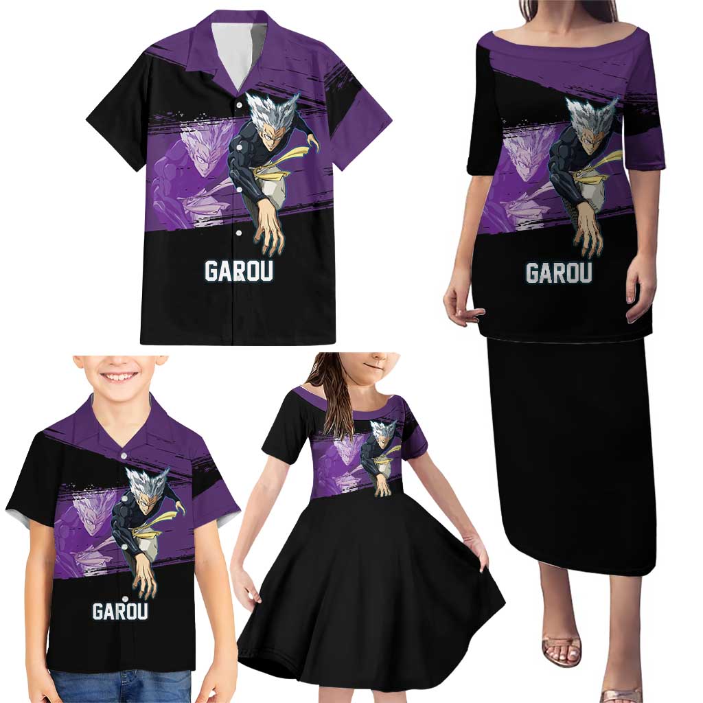 Garou One Punch Man Anime Purple and Black Theme Family Matching Puletasi and Hawaiian Shirt with Hero and Monster Forms in Dynamic Battle Pose