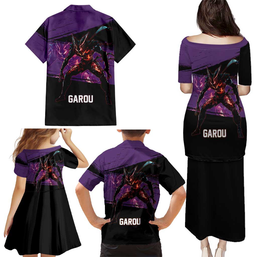Garou One Punch Man Anime Purple and Black Theme Family Matching Puletasi and Hawaiian Shirt with Hero and Monster Forms in Dynamic Battle Pose