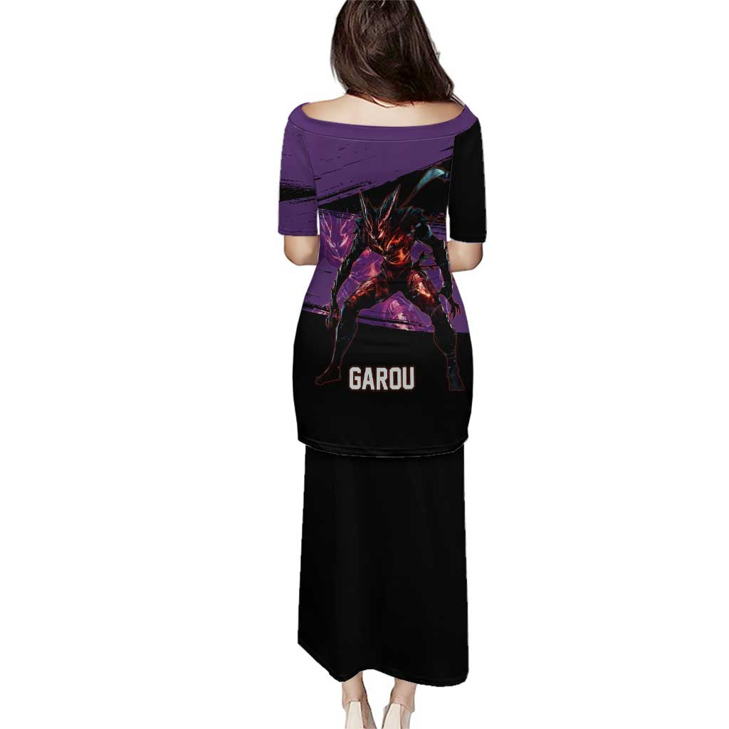 Garou One Punch Man Anime Purple and Black Theme Family Matching Puletasi and Hawaiian Shirt with Hero and Monster Forms in Dynamic Battle Pose