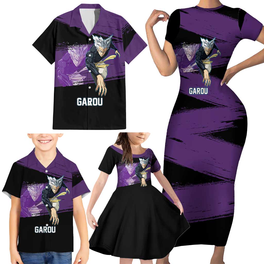 Garou One Punch Man Anime Purple and Black Theme Family Matching Short Sleeve Bodycon Dress and Hawaiian Shirt with Hero and Monster Forms in Dynamic Battle Pose