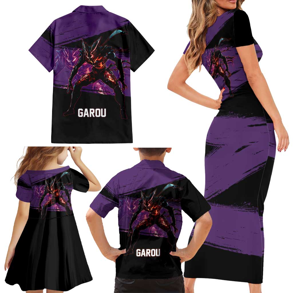 Garou One Punch Man Anime Purple and Black Theme Family Matching Short Sleeve Bodycon Dress and Hawaiian Shirt with Hero and Monster Forms in Dynamic Battle Pose