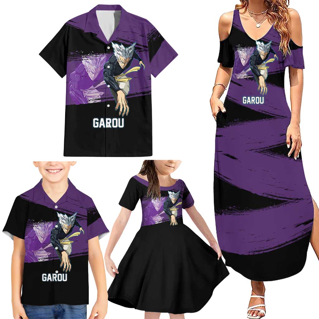 Garou One Punch Man Anime Purple and Black Theme Family Matching Summer Maxi Dress and Hawaiian Shirt with Hero and Monster Forms in Dynamic Battle Pose