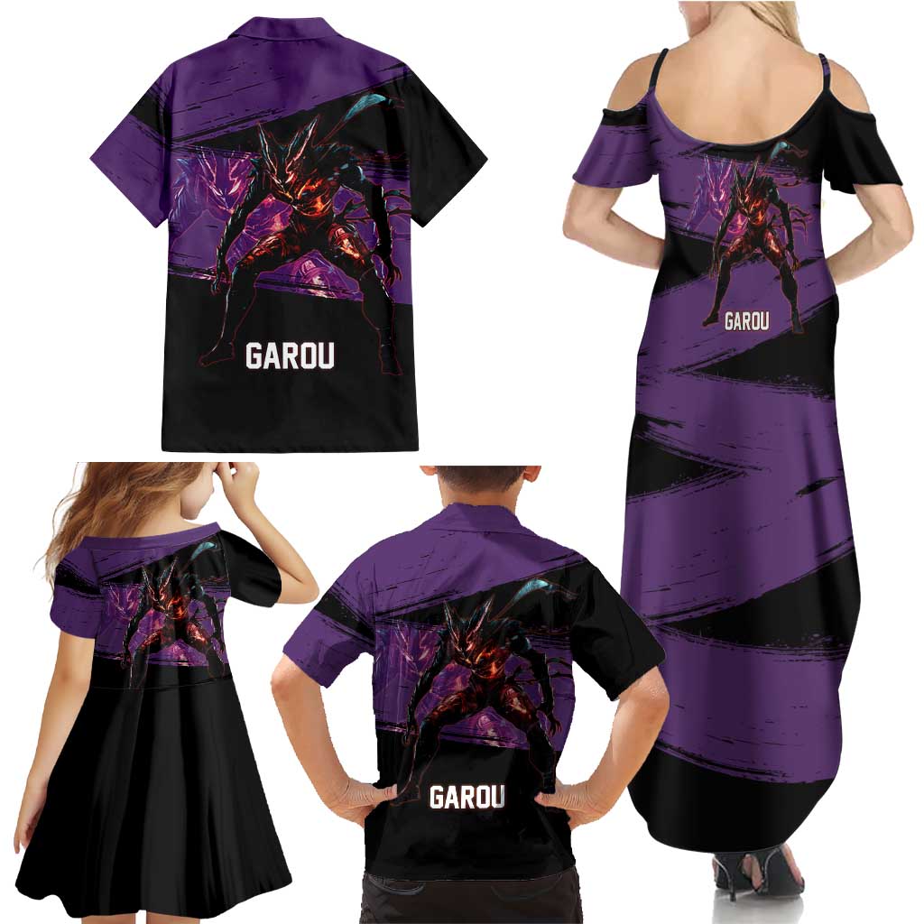 Garou One Punch Man Anime Purple and Black Theme Family Matching Summer Maxi Dress and Hawaiian Shirt with Hero and Monster Forms in Dynamic Battle Pose