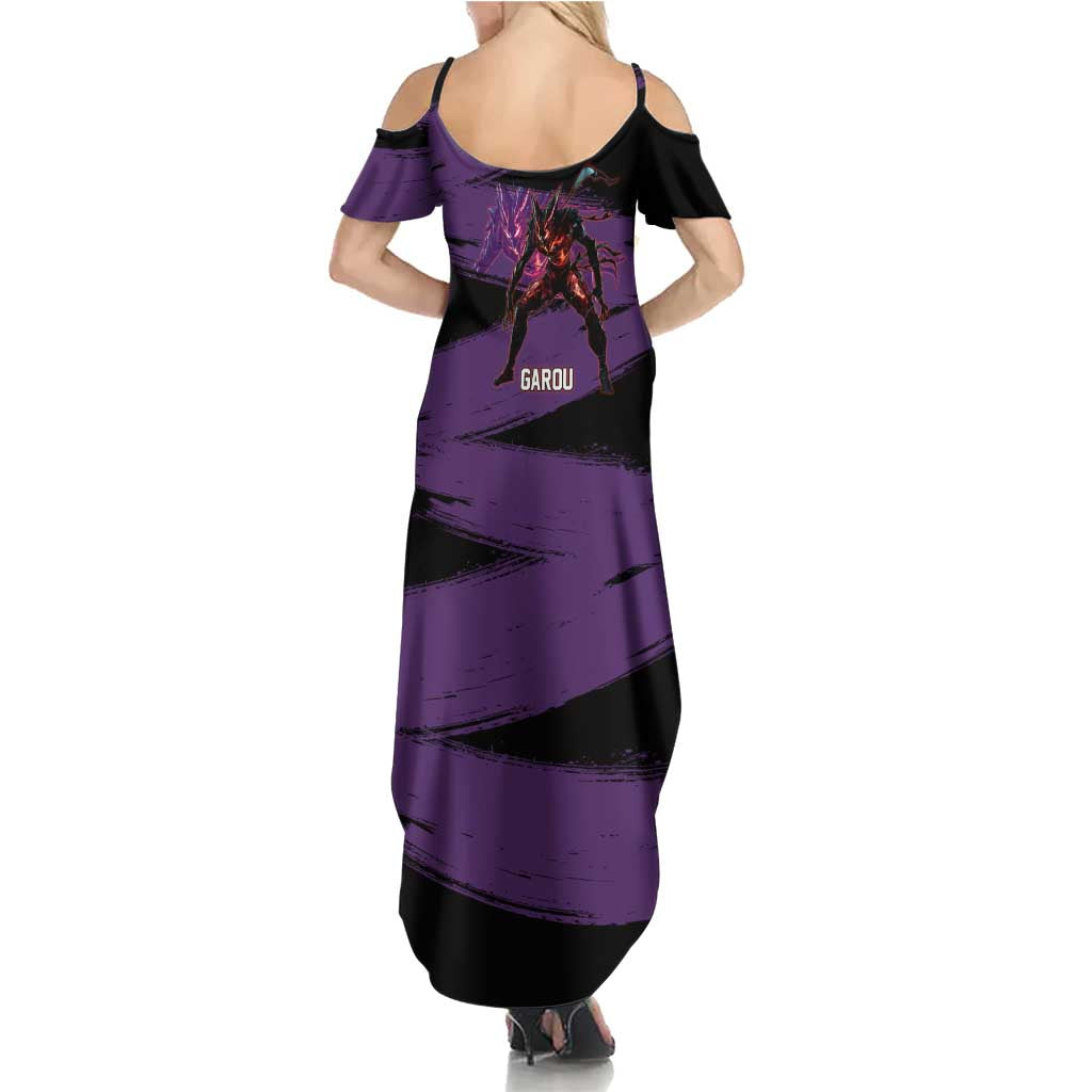 Garou One Punch Man Anime Purple and Black Theme Family Matching Summer Maxi Dress and Hawaiian Shirt with Hero and Monster Forms in Dynamic Battle Pose