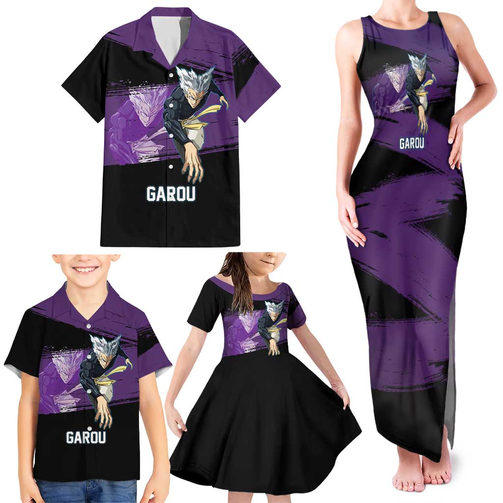 Garou One Punch Man Anime Purple and Black Theme Family Matching Tank Maxi Dress and Hawaiian Shirt with Hero and Monster Forms in Dynamic Battle Pose