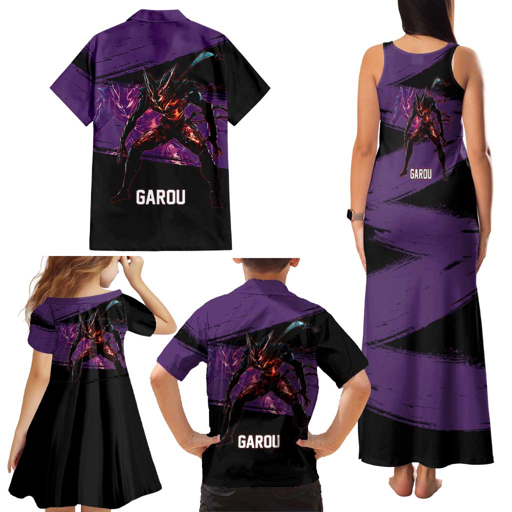 Garou One Punch Man Anime Purple and Black Theme Family Matching Tank Maxi Dress and Hawaiian Shirt with Hero and Monster Forms in Dynamic Battle Pose