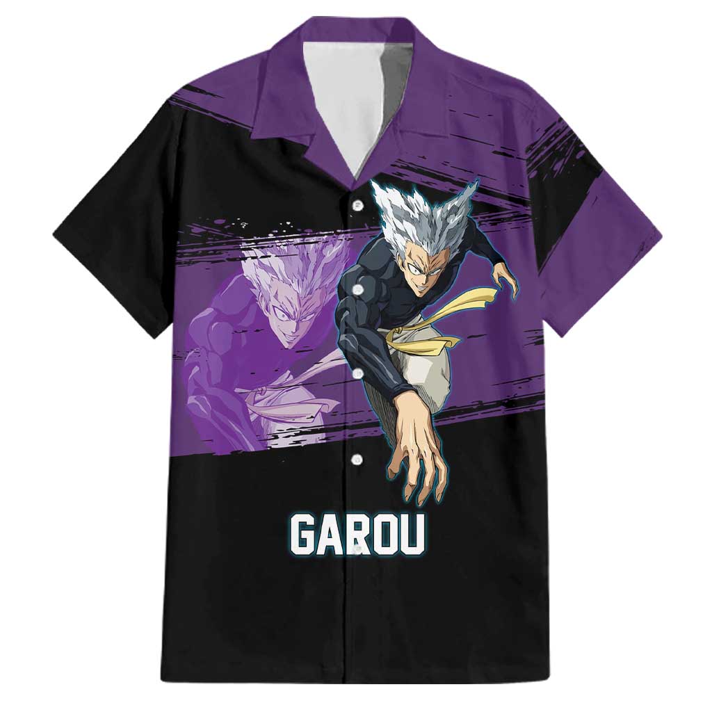Garou One Punch Man Anime Purple and Black Theme Family Matching Tank Maxi Dress and Hawaiian Shirt with Hero and Monster Forms in Dynamic Battle Pose