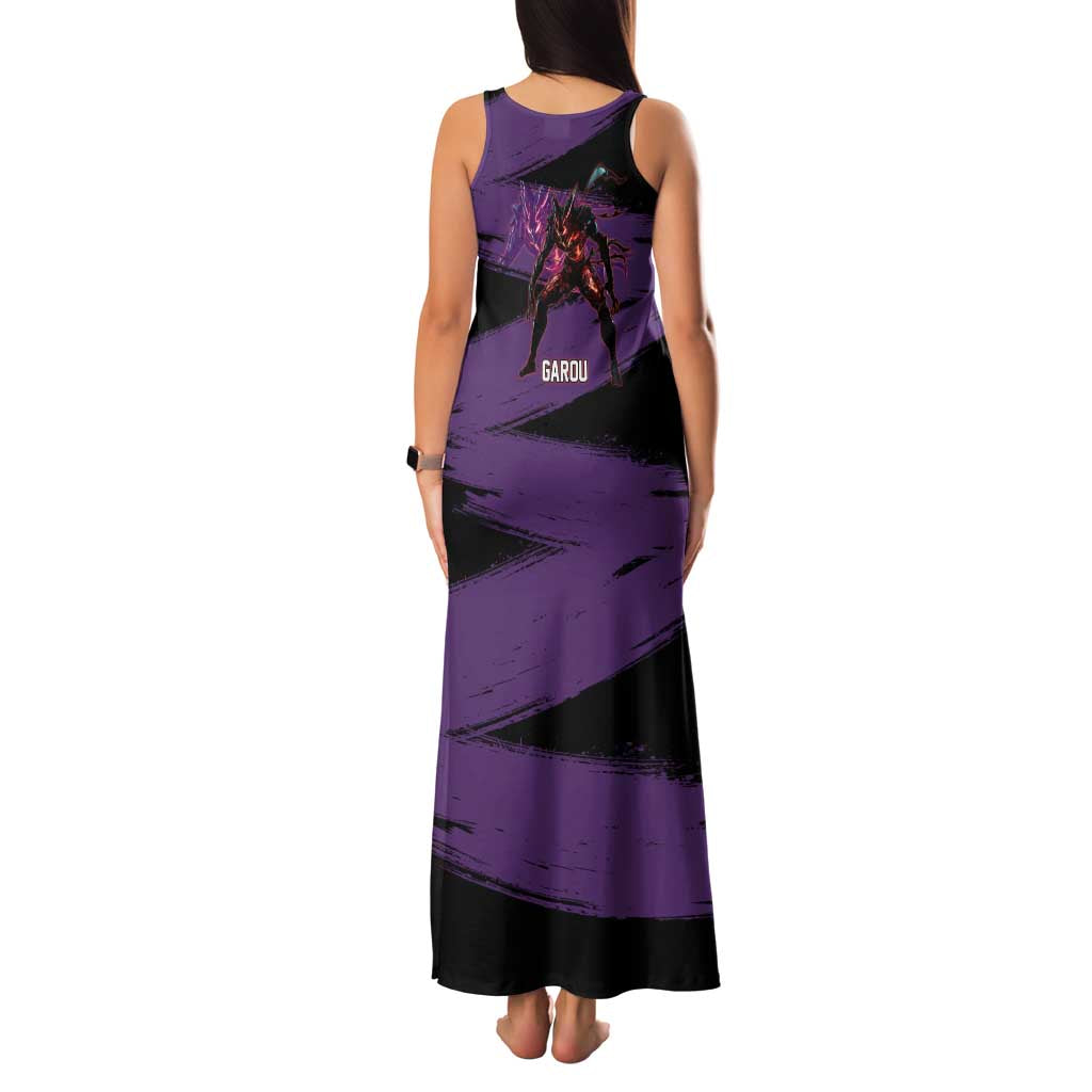 Garou One Punch Man Anime Purple and Black Theme Family Matching Tank Maxi Dress and Hawaiian Shirt with Hero and Monster Forms in Dynamic Battle Pose