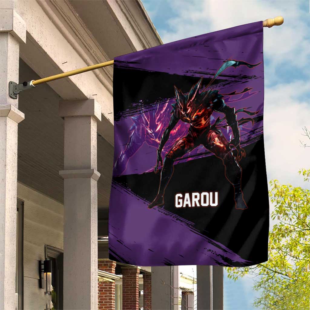 Garou One Punch Man Anime Purple and Black Theme Garden Flag with Hero and Monster Forms in Dynamic Battle Pose - The Mazicc